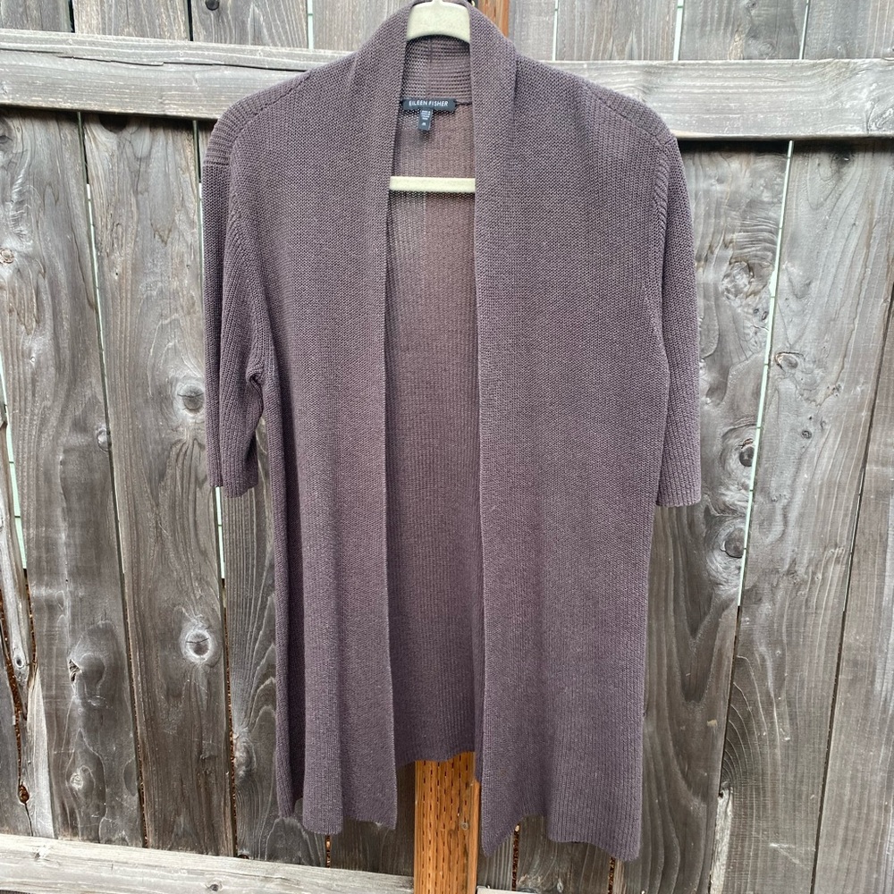 Eileen Fisher open knit silk blend cardigan brown taupe short sleeve medium